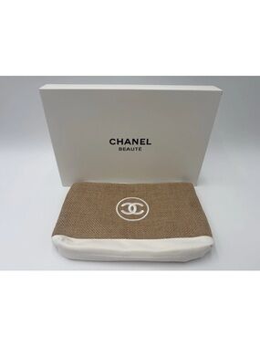 CHANEL Beige and White CC Embroidered Cosmetic Pouch